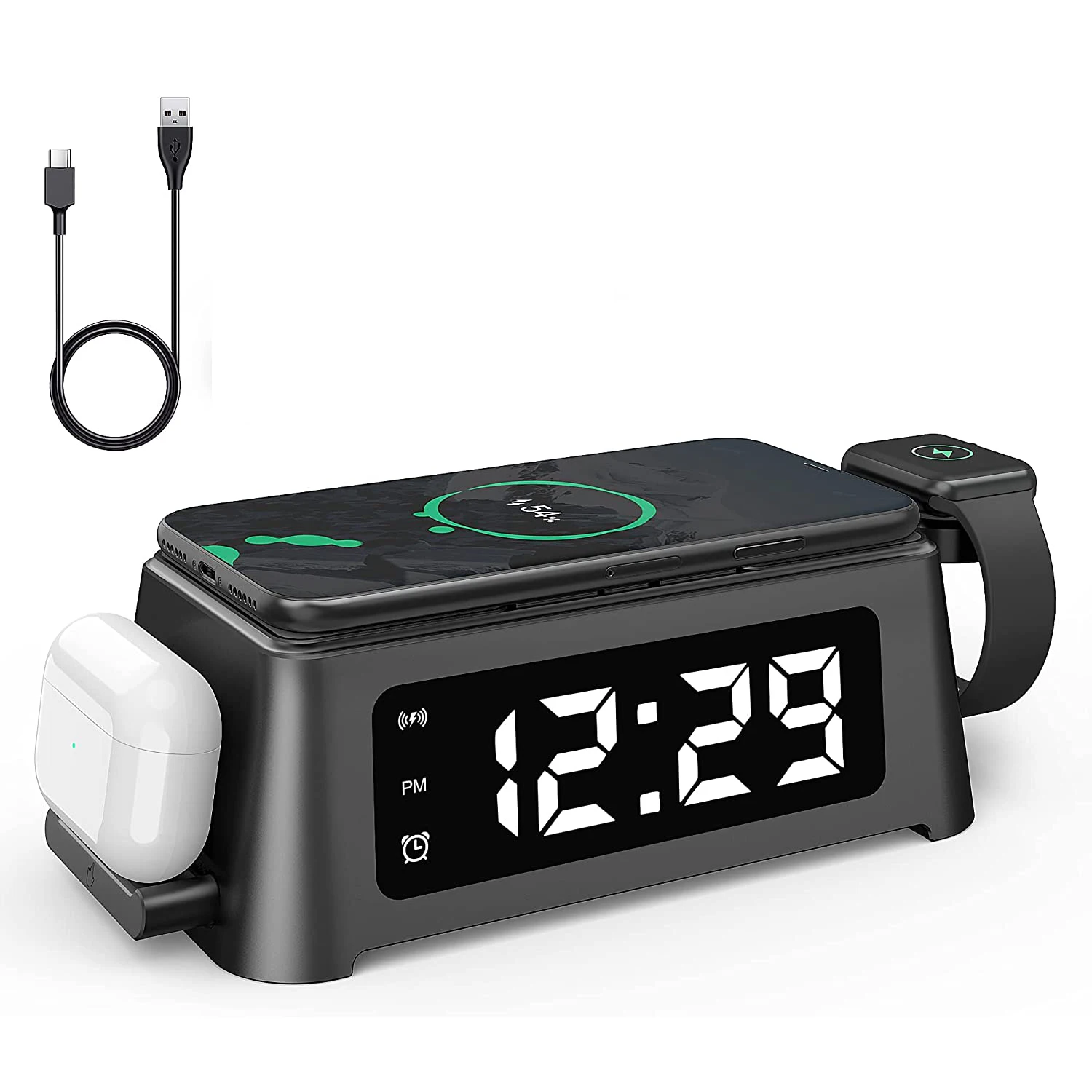 

Wireless Charger 4 in 1 with Digital Alarm Clock,18W Fast Charging Station for Apple Watch ,Compatible with iPhone