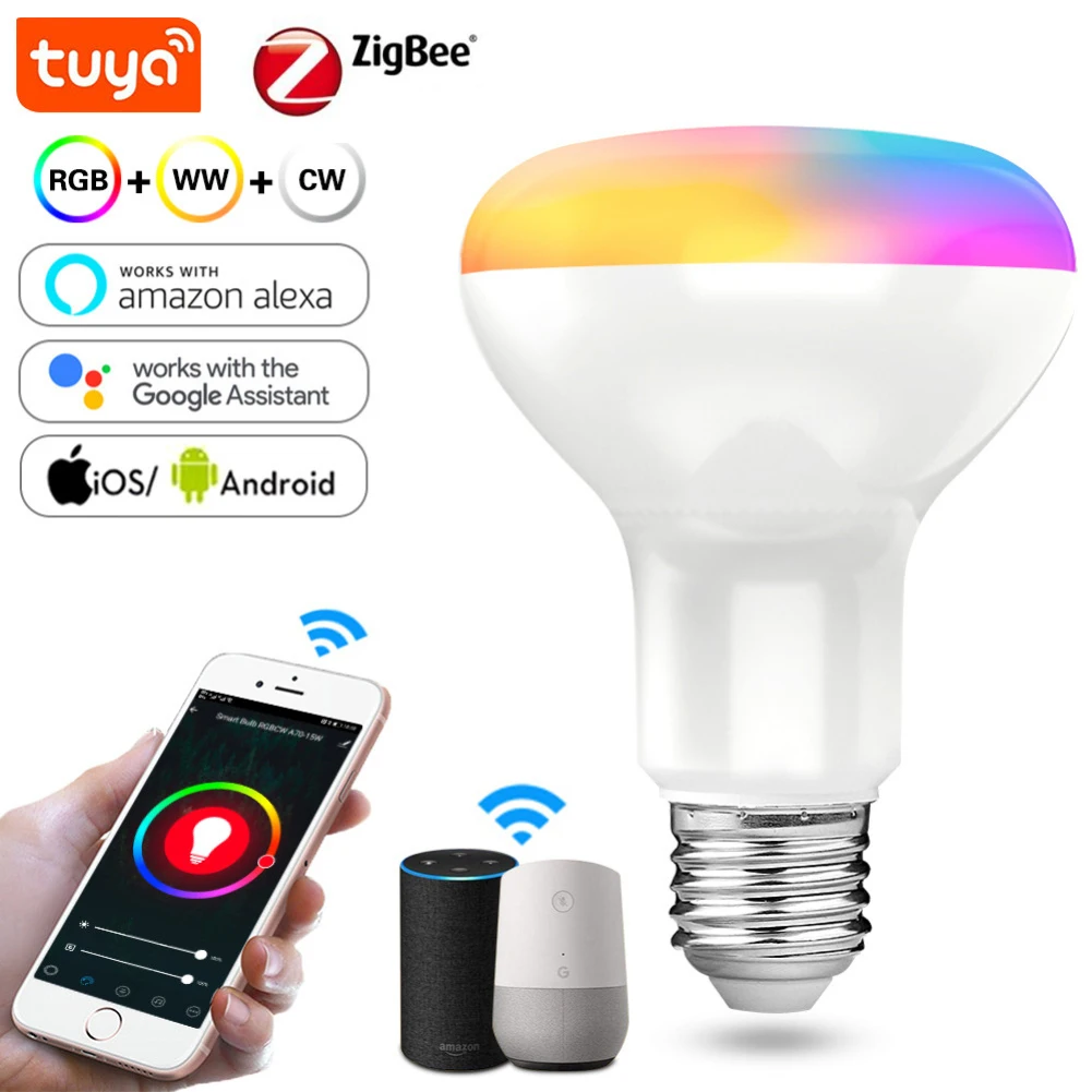 

Умная лампа Aubess Tuya Zigbee, светодиодный светильник с регулируемой яркостью, BR30, RGB, управление через приложение, голосовое управление, для Google ...