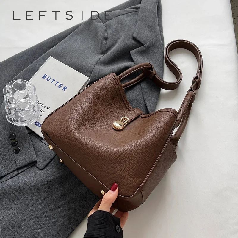 

LEFTSIDE Simple Solid Color Shoulder Bags For Women 2023 Leather Handbags and Purses Lady Designer Bucket Crossbody Hand Bag