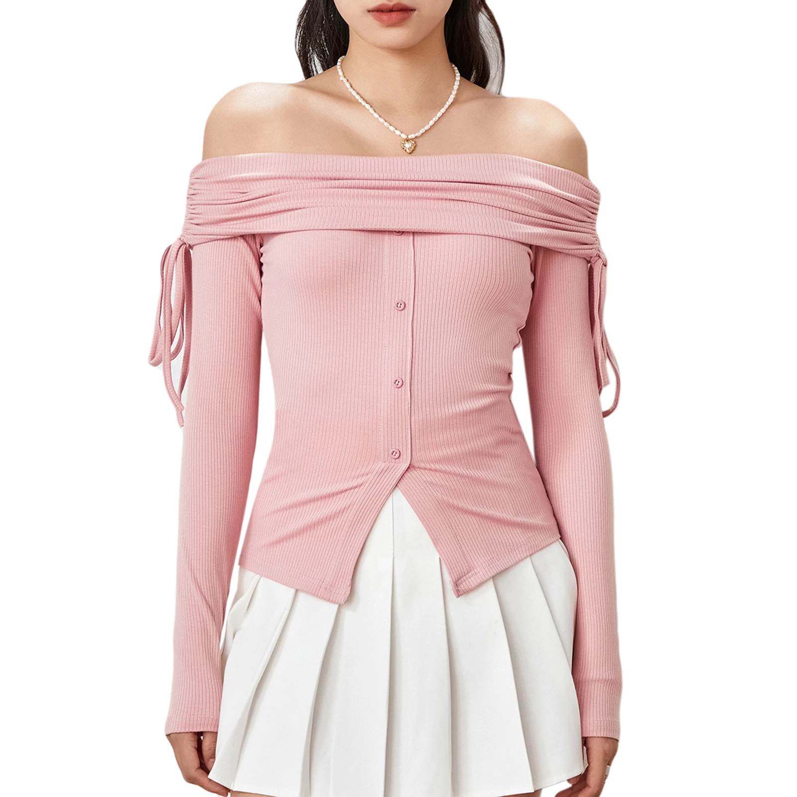 

Boat Neck Knit Tops Women Solid Color Fall Warm Pullovers Drawstring Ruched Off Shoulder Long Sleeve T-shirts Fashion Streetwear
