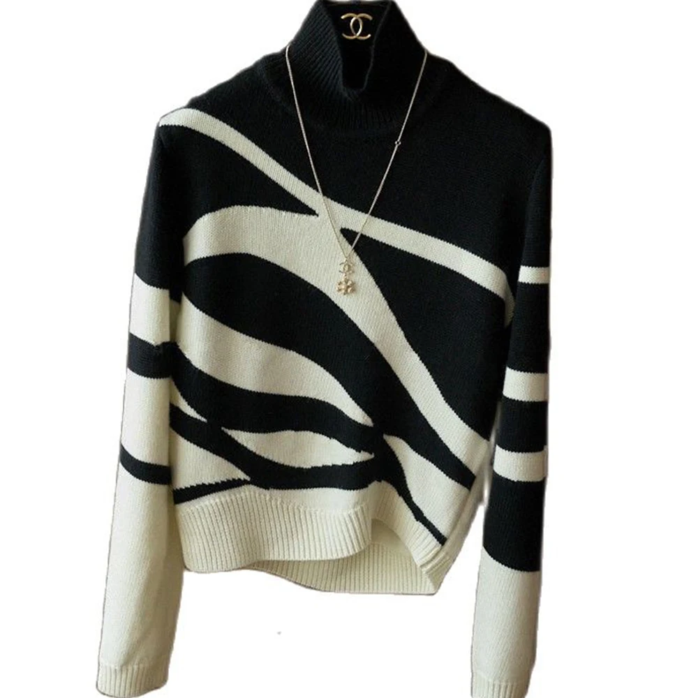 

Autumn and Winter Fashionable Black and White Contrast Color Sweater Women Zebra Stripe Versatile Pullover Turtleneck Sweater