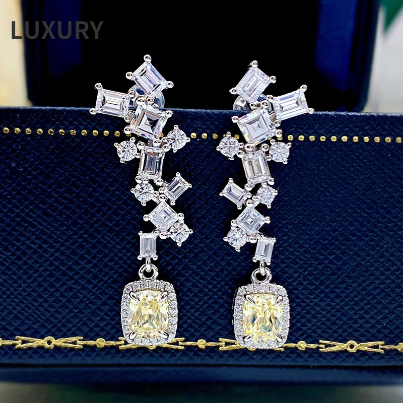

Luxury100% S925 Sterling Silver 5*6mm High Carbon Diamond Super Flash Bright Yellow Diamond European Long earrings