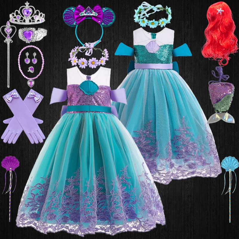 

Замаскированный Детский Костюм Русалки на Хэллоуин платье принцессы Ариэль карнавал для девочек маскарадный бальный наряд с вышитыми цвет...