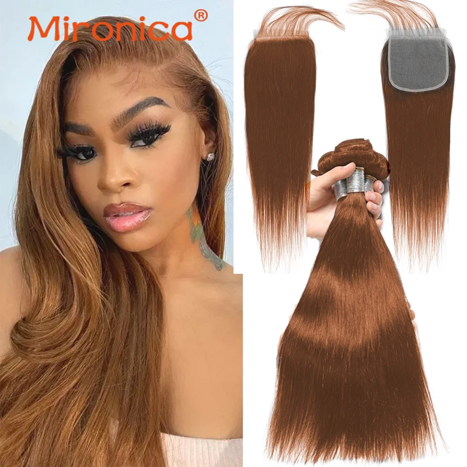 

30# Honey Blonde Human Hair Bundles with Closure Straight Brazilian Hair Weave Remy Human Extensions 3/4 Bundles with Closure