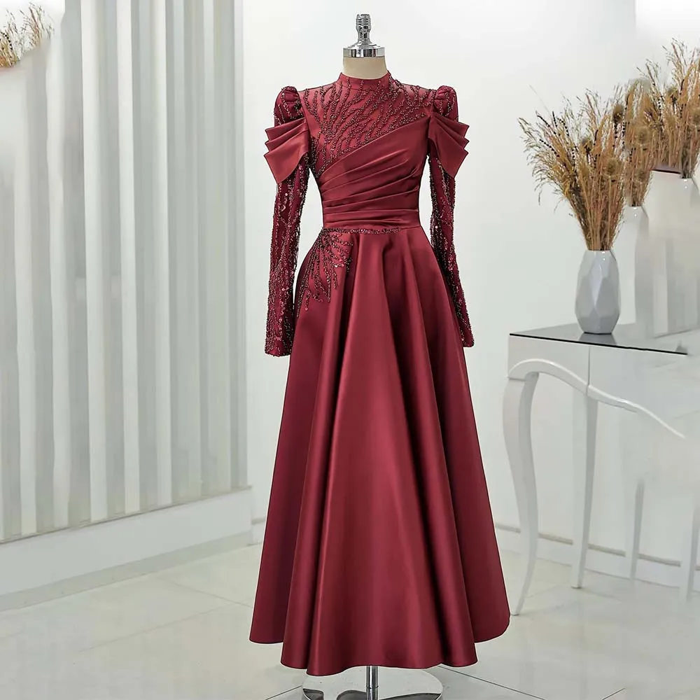 

Темно-красные вечерние платья с высоким воротником и длинными рукавами, украшенные бисером и блестками, индивидуальный пошив, 2024