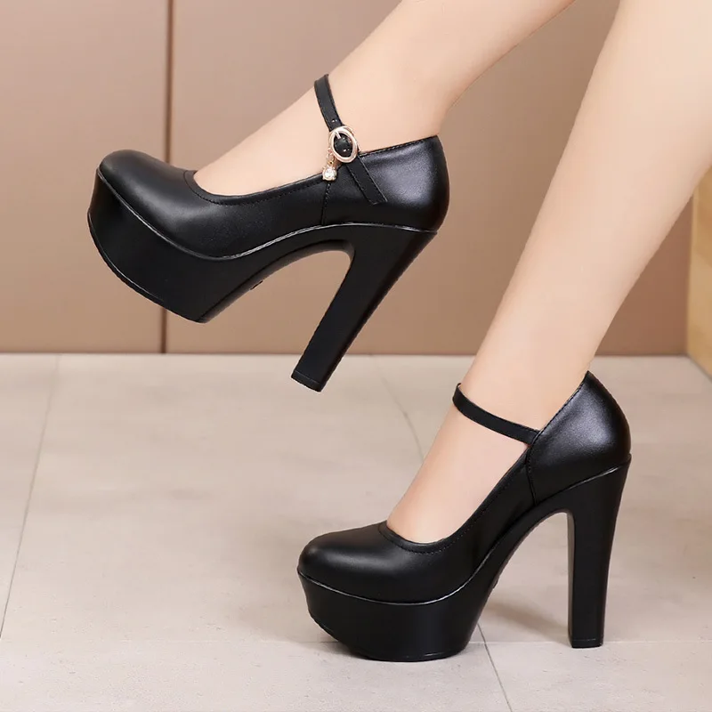 2022 New Soft Leather Shoes Women Thick Platform Square High Heels Mary Janes Buckle Pointed Toe Spring Pumps Big Size A0008