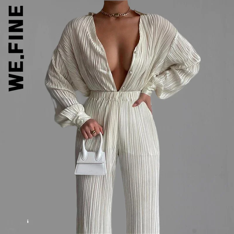We.Fine Ladies Shirt Suits Cardigan Two-Piece Loose High-Waist Wide-Leg Pants Sets Pleated Notched Single-Breasted Female