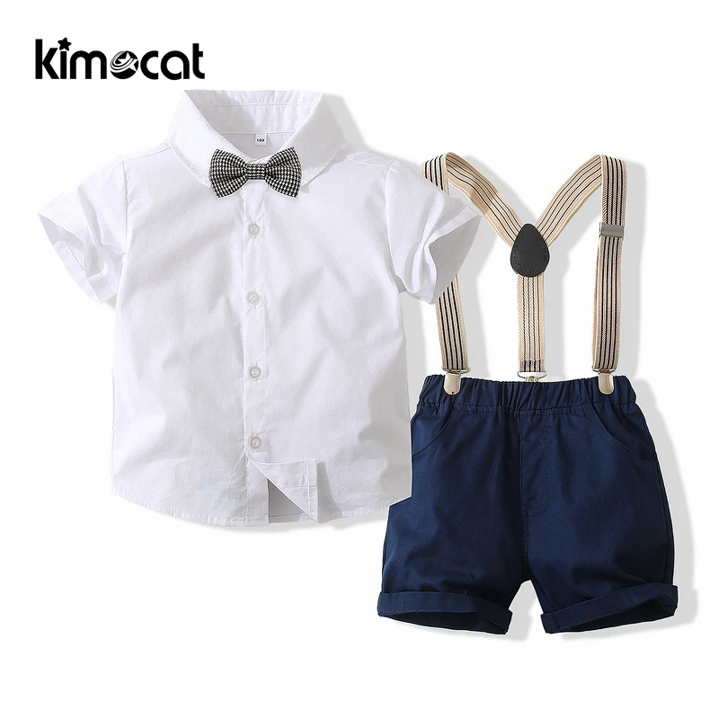 

Kimocat, одежда для маленьких мальчиков, Костюм Джентльмена, летняя детская хлопковая рубашка с коротким рукавом, комбинезоны, брюки, комплект ...