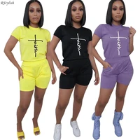 rstylish summer two piece set women letter print pullover short sleeve t shirts and shorts tracksuit casual outfit for female