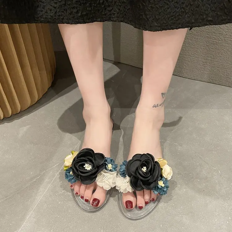 Spring 2023 new slippers set toe low heel rubber summer square heel PU flats