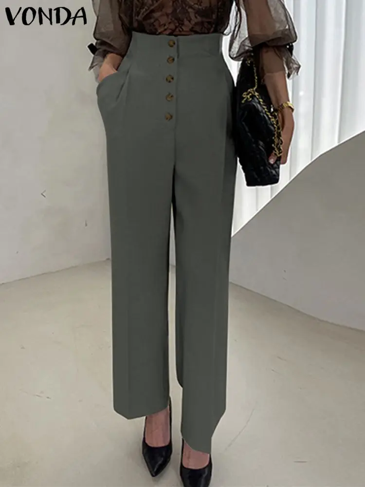 

Fashion Trousers 2023 Women Summer Button Pockets Casual Pants VONDA Elegant High Waist Solid Color Streetwear Pantalon Baggy