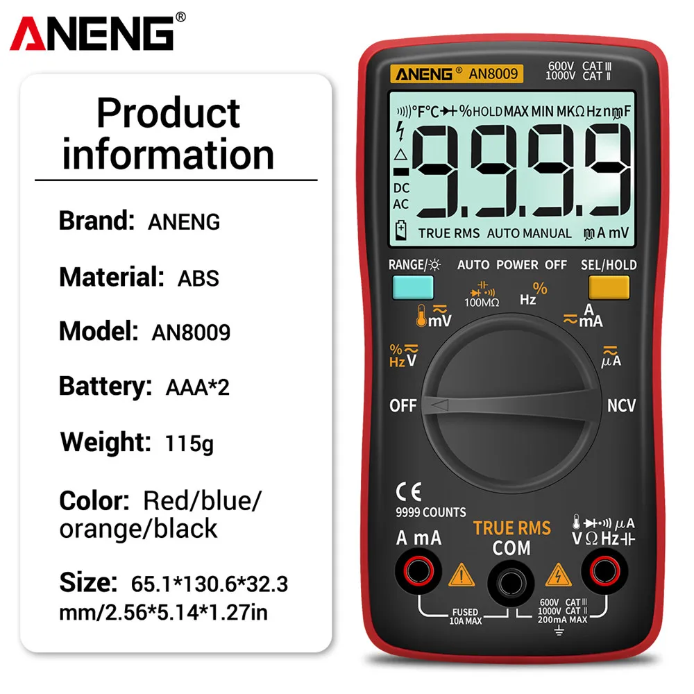 AN8009 Digital Multimeter 9999 Counts True-RMS Transistor Capacitor Tester Auto Electrical Rm409b Lo Z Temp Meter Test images - 6