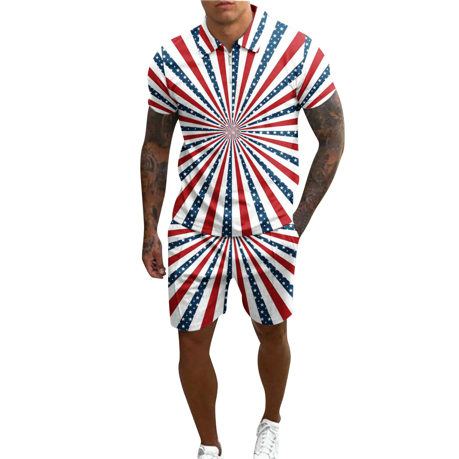 Stripe Print 2 Piece Suit Independence Day Tracksuit Lapel Collar Breathable Male Set Short Sleeve Conjuntos Cortos 4th Of July