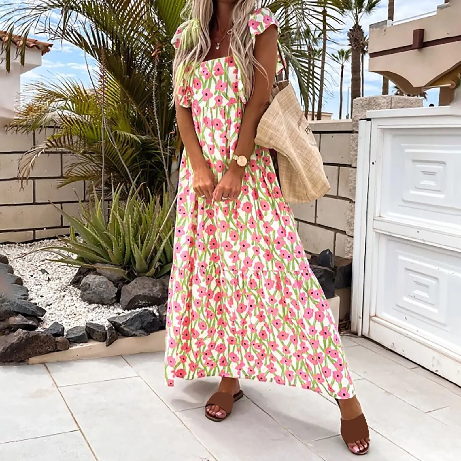 

Women's Summer Casual Ruffle Sleeveless Square Neck Smocked Tiered A Line Midi Dress
