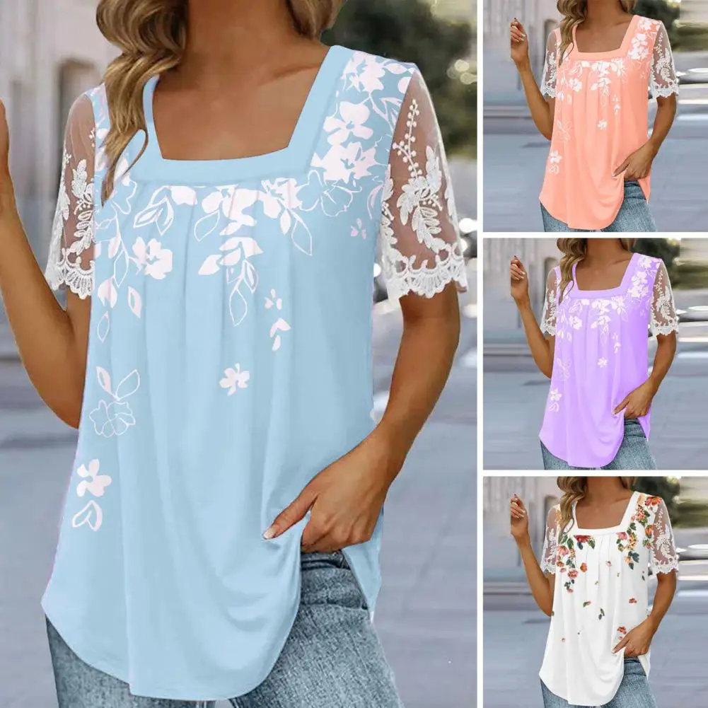 

Women Summer T-shirt Square Collar Lace Floral Printing Casual Short Sleeve Pullover Flower Embroidery Plus Size Lady Summer Top