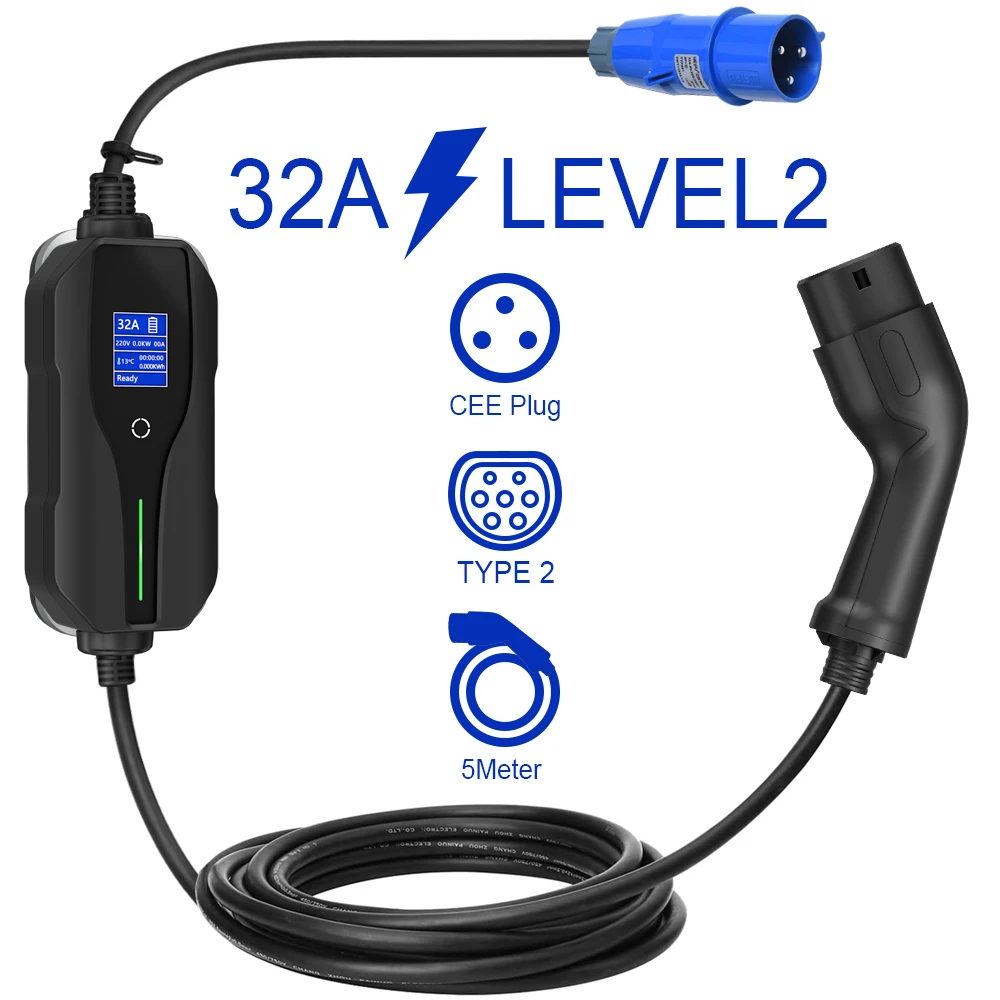 

16A 32A Type2 Protable EV Charger Type2 Plug with CEE Plug Electric Car Current Adjustable EV Charging Cable 5M