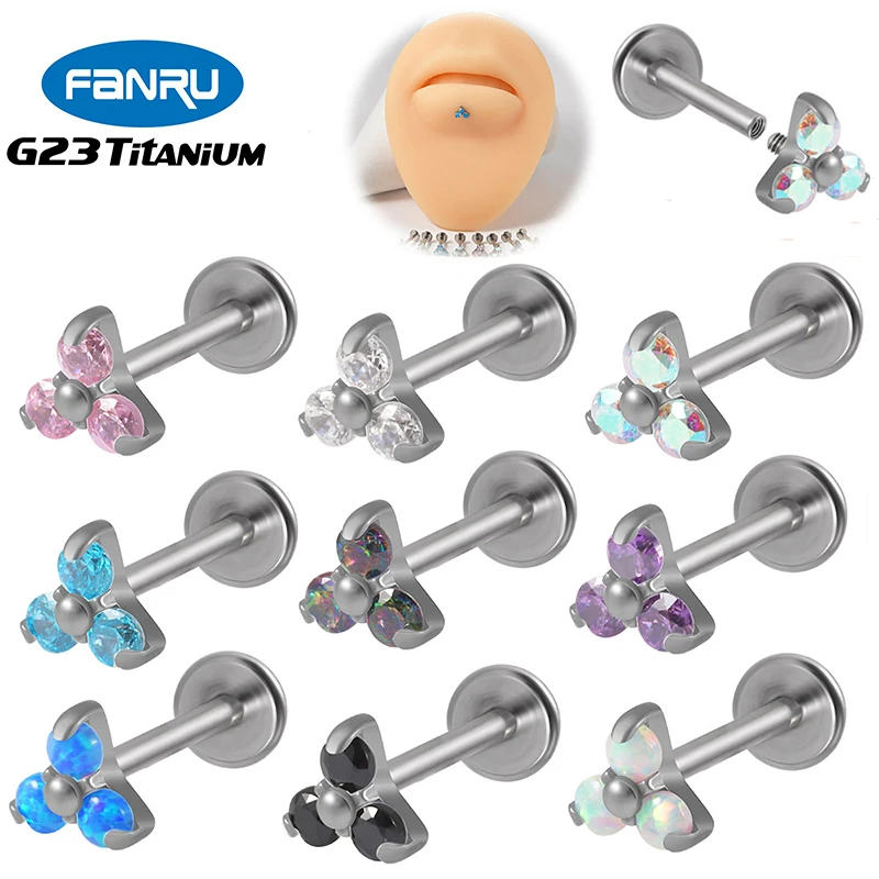 

G23 Titanium Piercing Labret Lip Stud Triangle CZ Opal Internal Thread Lip Ear Studs Helix Cartilage Earrings Jewelry Wholesale