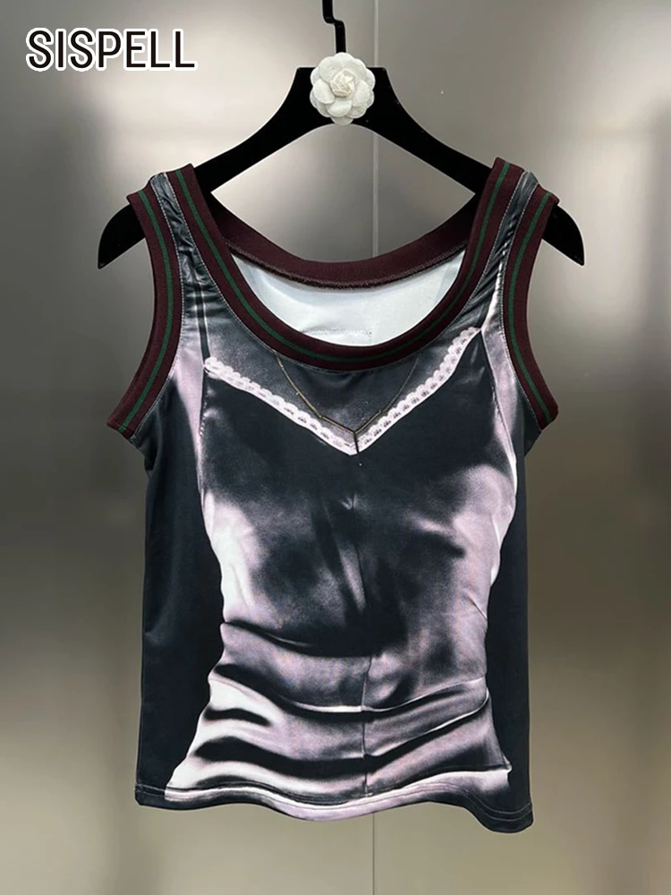 

SISPELL Colorblock Casual Vests For Women Round Neck Sleeveless Slim Fashion Pullover Vest Female 2023 Clothing New Style Summer