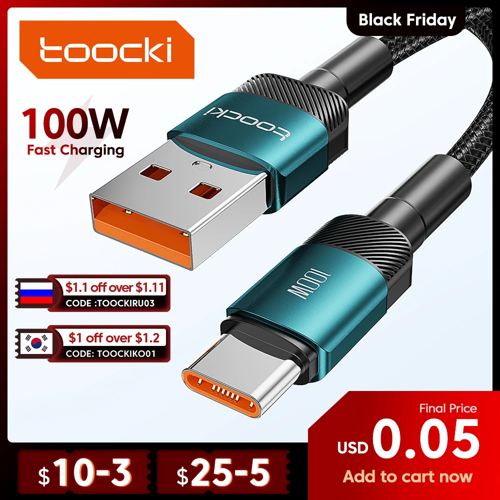  Toocki 6A USB Type C Cable For Huawei Honor 100W/66W Fast Charging Charger USB C Data Cord Cable For Xiaomi Poco Oneplus Samsung 