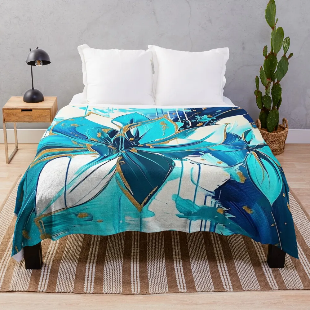 Абстрактная сине-белая цветочная картина с золотыми акцентами - футуристическое