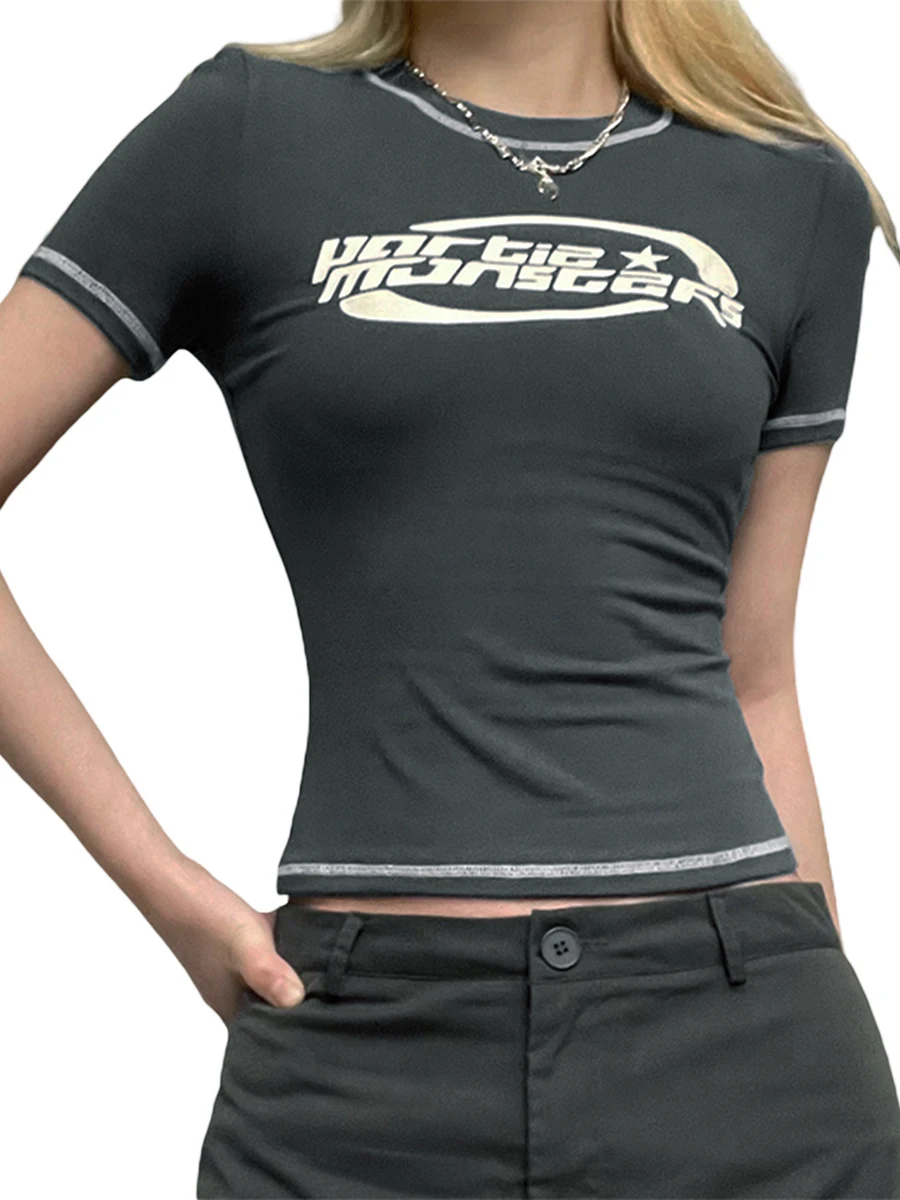 

Женские укороченные топы с графическим принтом Академии Y2K, футболка с коротким рукавом и круглым вырезом с буквенным принтом, повседневный облегающий пуловер с круглым вырезом, рубашка