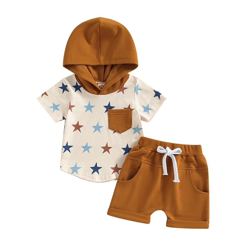 

Bmnmsl Baby Boys Shorts Set, Stars Print Hooded T-shirt with Elastic Waist Shorts Summer Outfit