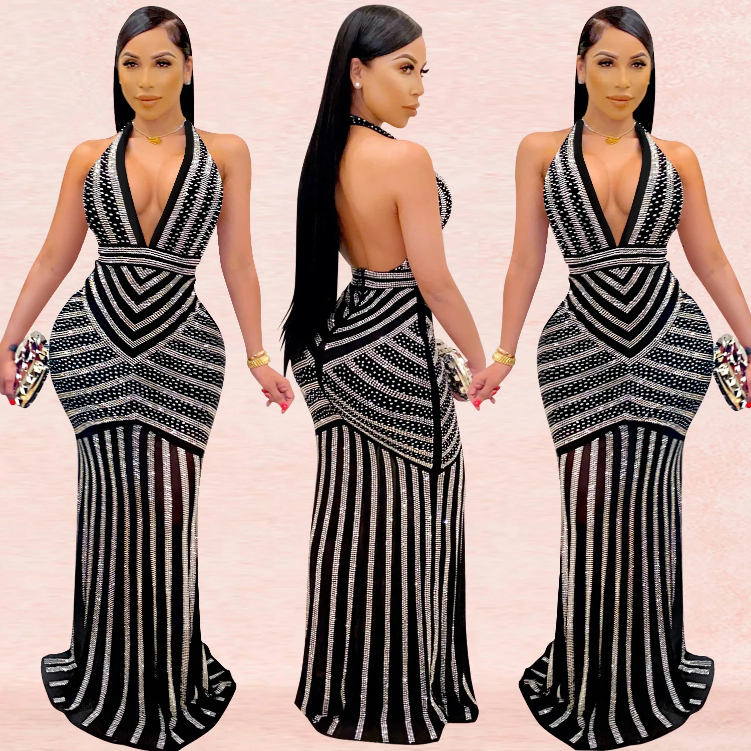 

Sexy deep V backless nightclub party dress Ironed drill see-through dress