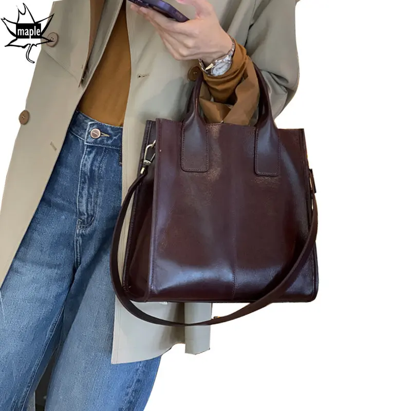 2022 Winter Large Capacity Bucket Tote Bag Green Maroon Color 100% Oil Wax Cowhide Leather Women Shoulder Bag 2 Straps Hand Bag