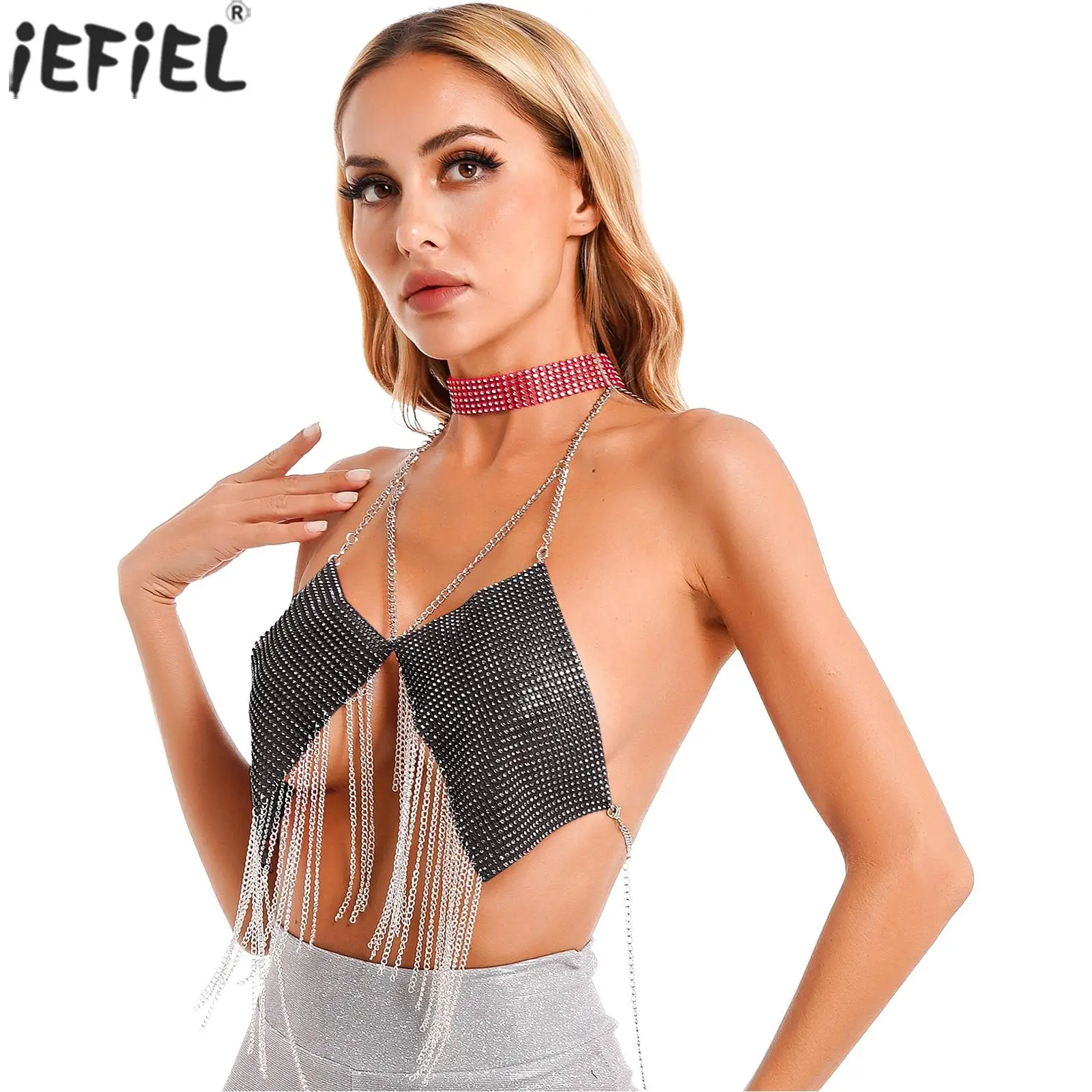 

Женские блестящие стразы, металлическая цепочка, кисточки, камзол, женская кофта с чокером, цепочки для тела, одежда для вечевечерние НКИ и к...