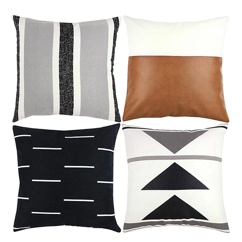

16X Modern Design Short Plush Black White Geometric Faux Leather Set (18 Inch X 18 Inch)