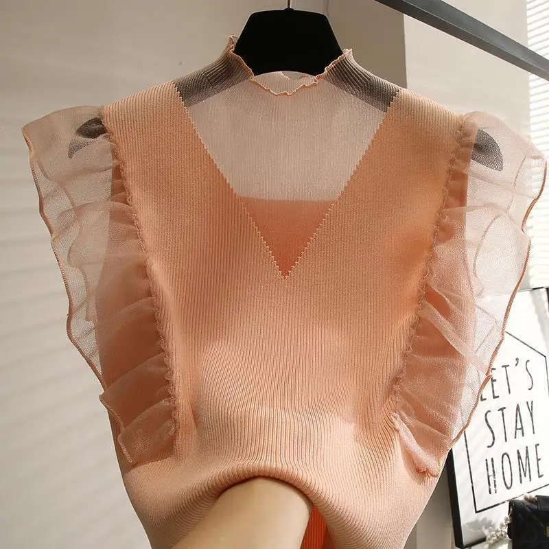 

VANOVICH 2022 Summer Women's Gauze Edible Tree Fungus Patchwork Top Fashion Petal Sleeve Pullover Knitting Pullover Casual Top