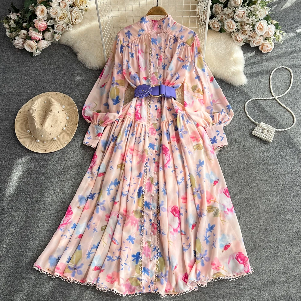 

Однобортное платье-трапеция с рукавами-фонариками, стоячим воротником и поясом, Элегантное Длинное Платье с запахом и принтом