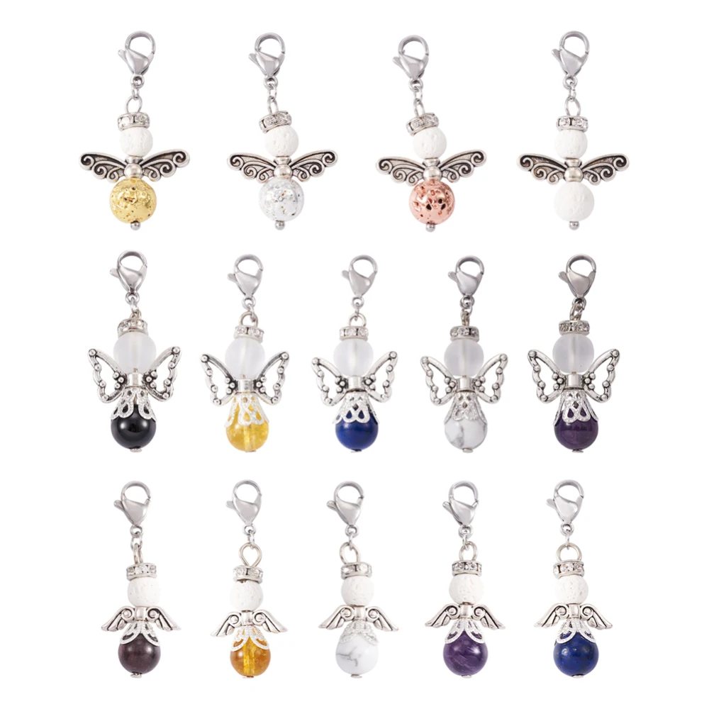 

28Pcs Nautral Stone Round Beads Angel Wing Pendant Charms with Lobster Clasps For Keychain Necklace Earrings DIY Jewelry Making