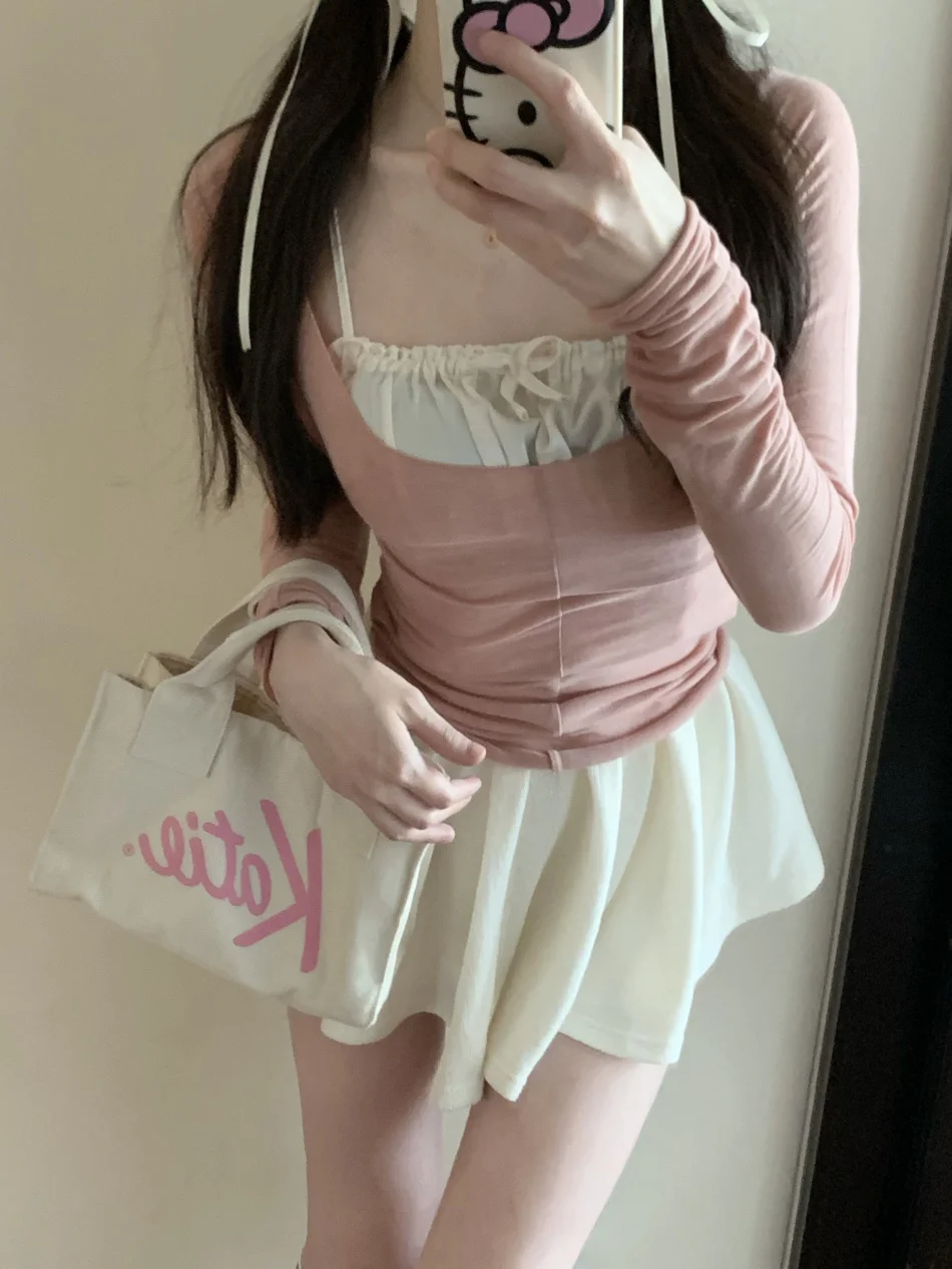 

Summer Long-Sleeved Y2k Top Fashion Pink Ballet Suit High Waist Skirt Sexy Beautiful Small Sling Three-Piece Set