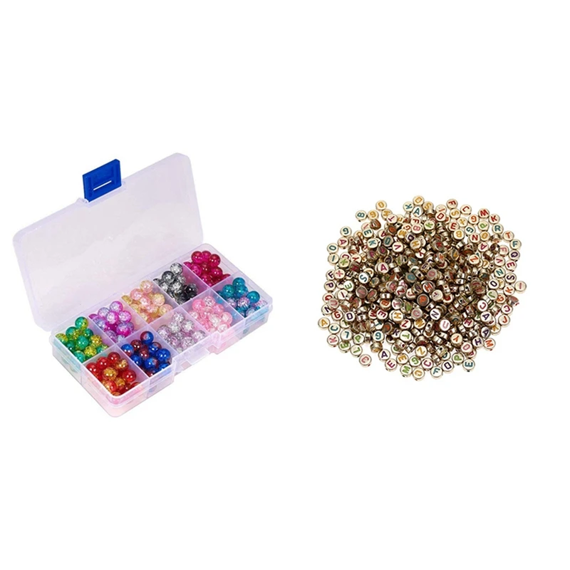 

Transparent Cracked Glazed Glass Beads With 1000Pcs Acrylic Gold Bottom Colored English Letter Beads