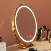 gold aesthetic led round table mirror cosmetic big smart mirror desk bedroom decoration espejo maquillaje luz home decor luxury