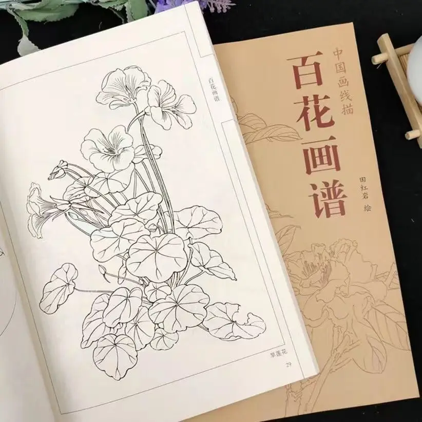 

Chinese painting line drawing book Color pencil Hundred Flowers /Birds /Lotus/Peony coloring book Engraving pattern for beginner