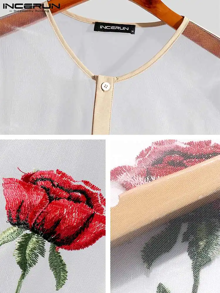 American Style New Men's Rose Printing Perspective Blouse Fashion Sexy Male Short-sleeved O-Neck Shirts S-5XL INCERUN Tops 2022