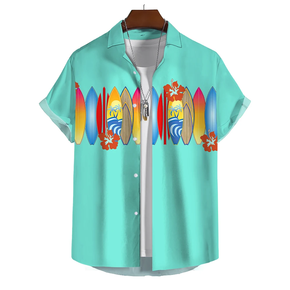 

Summer Beach Surfboard Hawaiian Shirt Fashion Trend Lapel Short Sleeve Tee Casual Harajuku Button Blouse Oversized Cardigan Tops