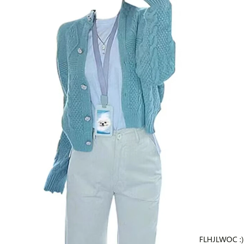 

Winter Autumn Knitted Sweater Coats New Hot Sales Cute Sweet Girls Women Hot Solid Long Sleeve Blue Short Cardigans