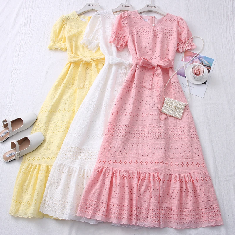 

Vintage Lace Hollow Out Dress For Women O-Neck Short Sleeve High Waist Summer Long Dresses Female New Fashion Clothes