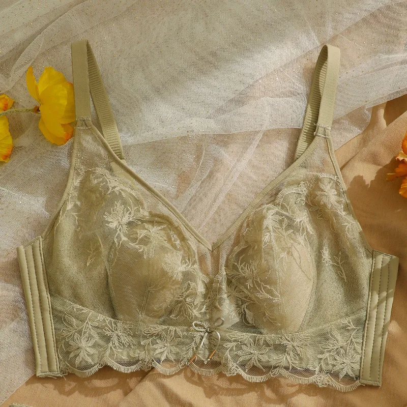 Sexy ultra-thin bra and panty set lace lingerie suit women's thin bra gathers breasts bralette four-breasted lingerie underpant