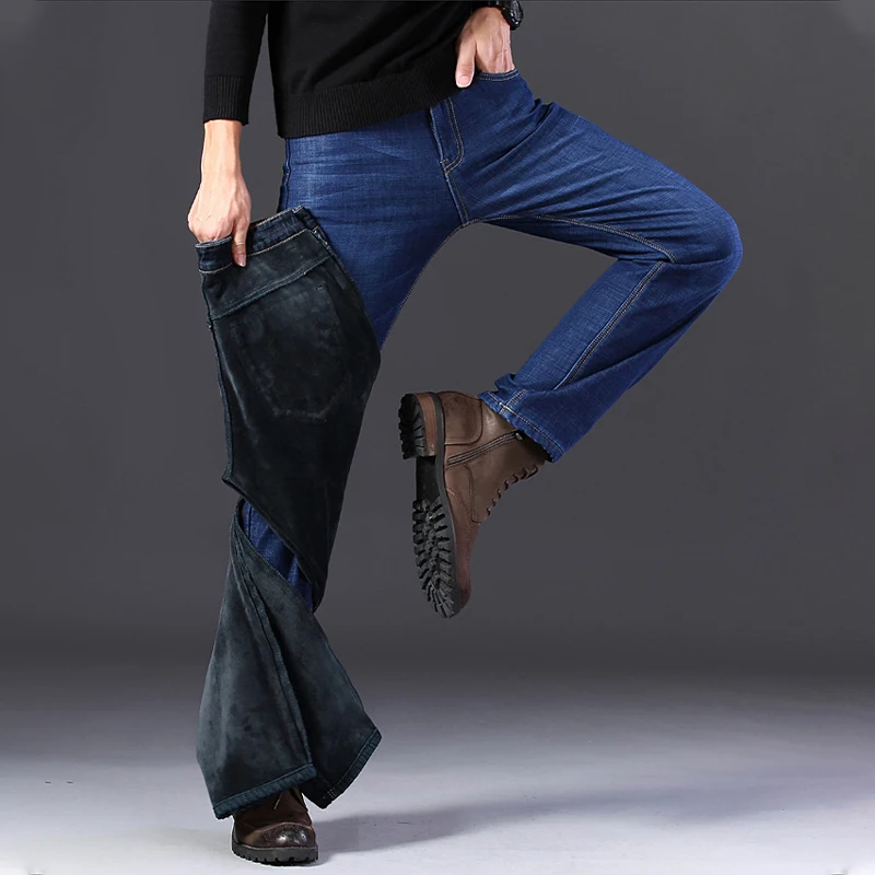 2022 Winter New Men's Warm Jeans Balck Fashion Business Thicken Denim Trouser Blue Stretch Slim Fleece Jeans Man
