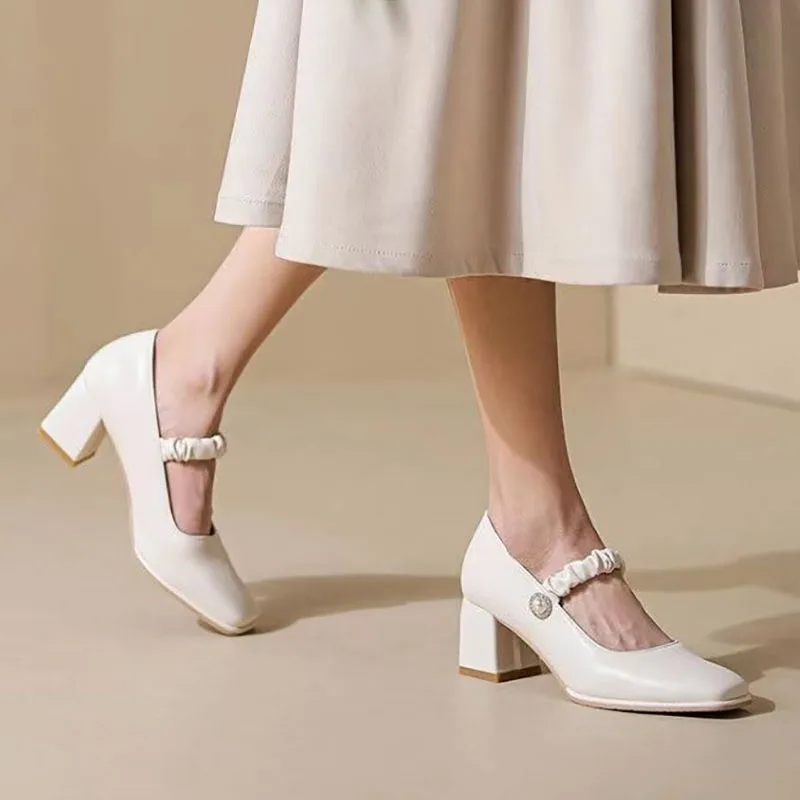 Wedding Shoes Women's Mary Jane Shoes Pearl Buckle Strap Pumps Mid Heels Dress Shoes Zapatos Mujer