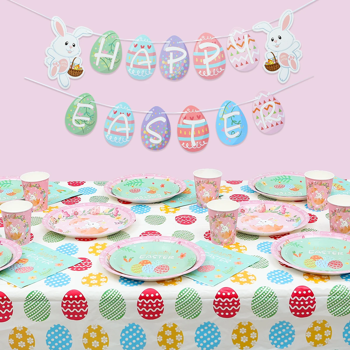 

Easter DisposableTableware Happy Easter Decoration For Home Rabbit Eggs Bunny Plate Banner Cup Easter Party Supplies Gifts