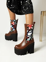 knitted embroidered cloth stitching pu ethnic womens mid calf boots ultra high platform wedge heel heightened warm womens boot