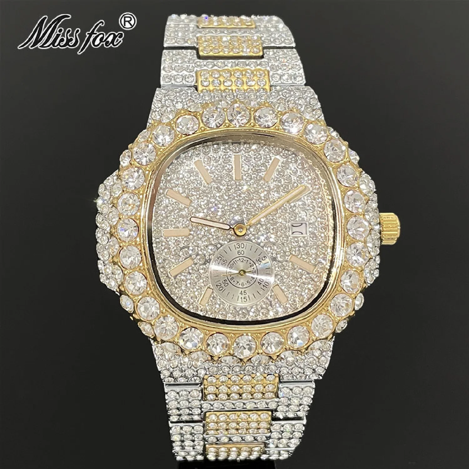 

Часы наручные мужские кварцевые с муассанитом, роскошные модные водонепроницаемые из нержавеющей стали, со стразами