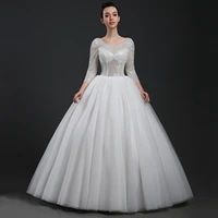 a line netting lace wedding dresses boat neck beading crystals 34 sleeve floor length bridal gown backless vestidos de novia