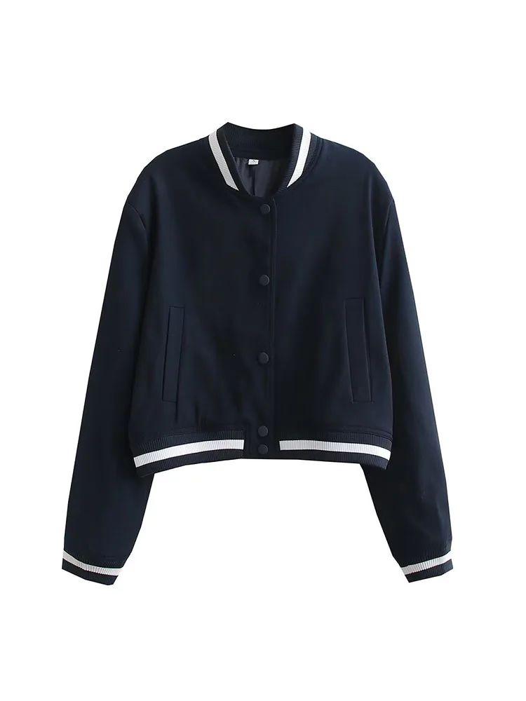 

BSK&ZA&TRF Women 2023 New Fashion Cropped Baseball Jacket Coat Vintage Long Sleeve Button-up Female Outerwear Chic Overshirt