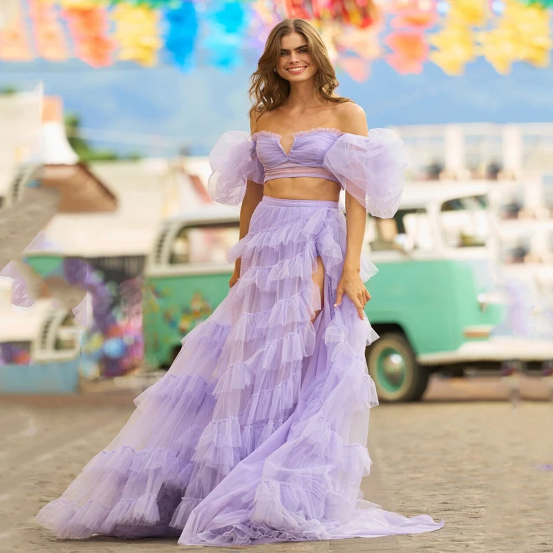 

Элегантные фиолетовые платья для выпускного вечера 2023, многослойное вечернее платье из двух частей, сексуальное Тюлевое платье с Боковым Р...